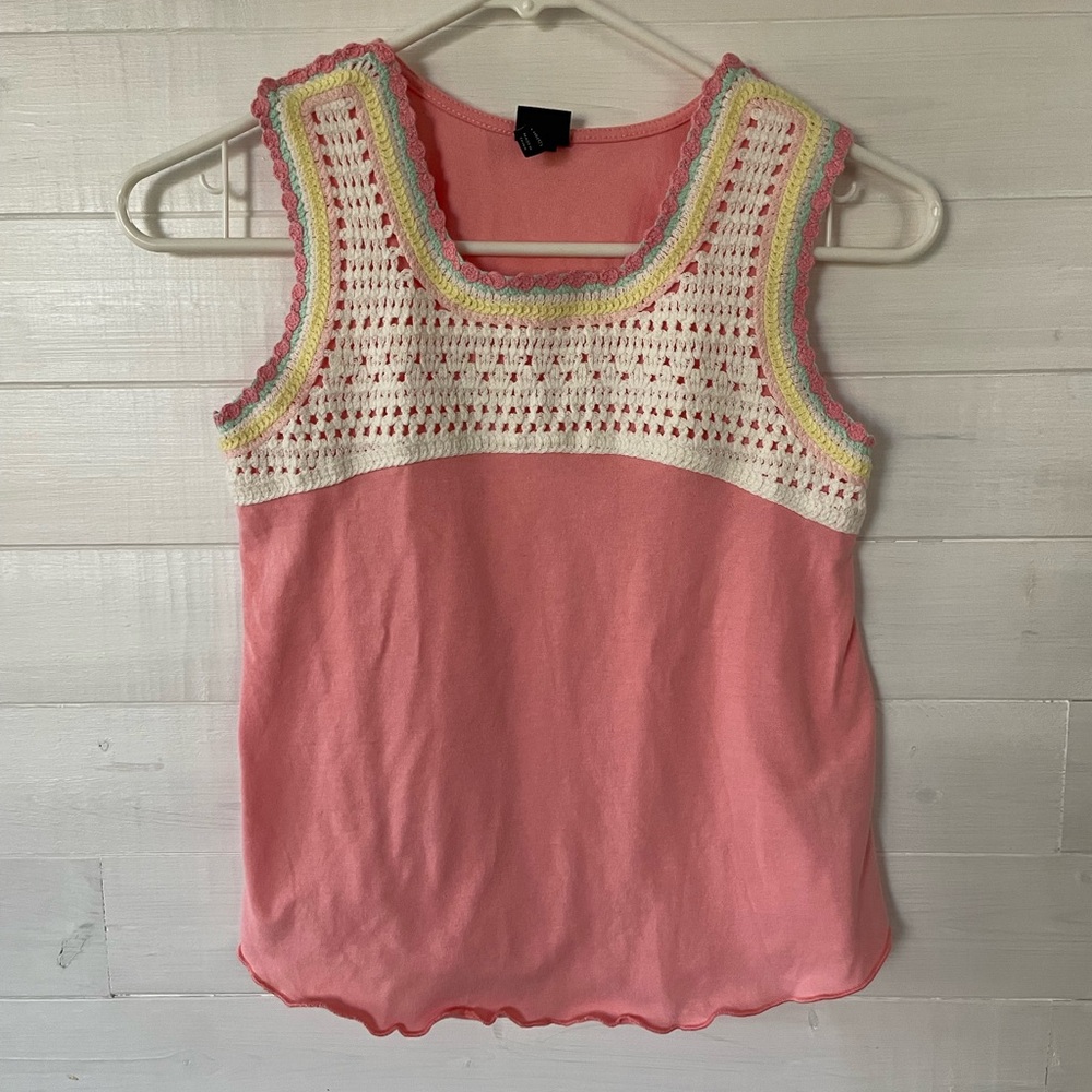 Art Class Pink and White Crochet Trim Tank Top